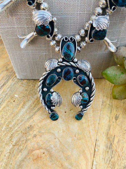 Vintage Navajo Turquoise & Sterling Silver Squash Blossom Necklace