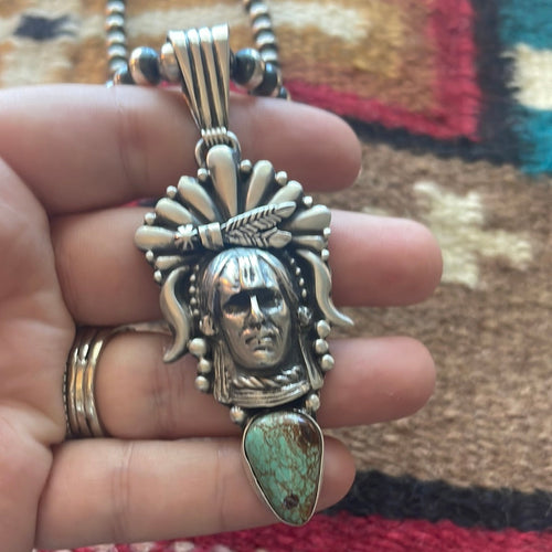 Beautiful Navajo Sterling Silver & Turquoise Chief Pendant Signed Russell Sam