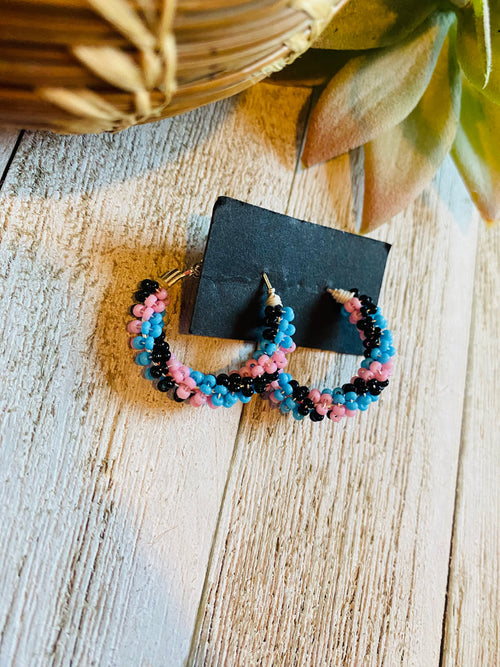 Navajo Handmade Beaded Hoop Earrings- Lt blue, pink