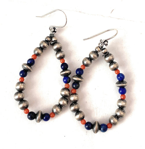 Handmade Coral, Lapis And Sterling Silver Beaded Dangle Earrings