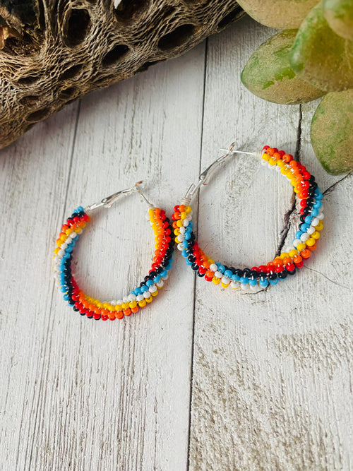 Navajo Handmade Beaded Hoop Earrings-multi color