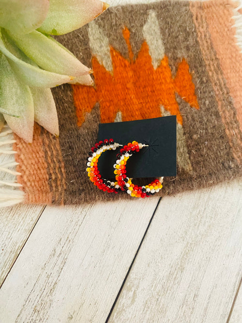 Navajo Handmade Beaded Hoop Earrings- Red/Orange