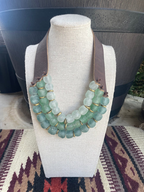 Handmade Recycled Glass 3 Strand Green Beaded Necklace