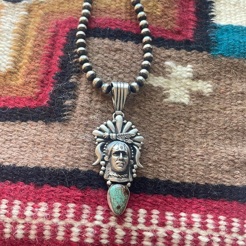 Beautiful Navajo Sterling Silver & Turquoise Chief Pendant Signed Russell Sam