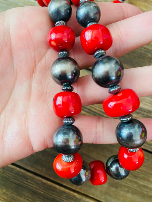 Navajo Coral & Sterling Silver Pearl Beaded Necklace