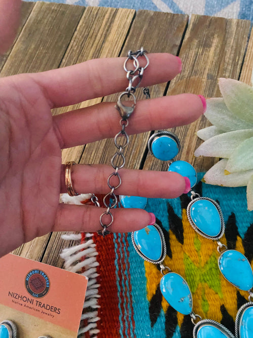 Navajo Sterling Silver & Kingman Turquoise Lariat Necklace Set