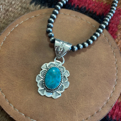 Handmade Sterling Silver & Kingman Turquoise Pendant Signed Nizhoni