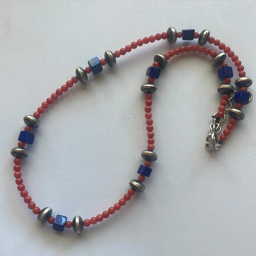 Handmade Beaded Coral, Lapis & Sterling Silver Necklace