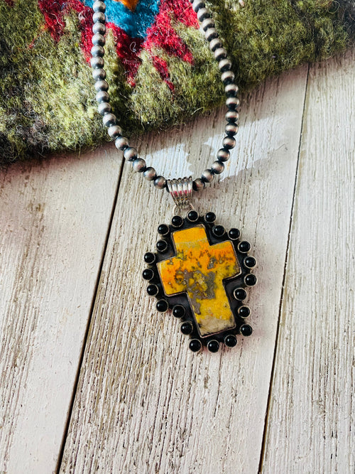 Handmade Sterling Silver, Onyx & Bumblebee Jasper Cross Pendant