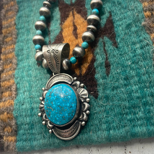 Beautiful Navajo Sterling Silver Turquoise Necklace Signed