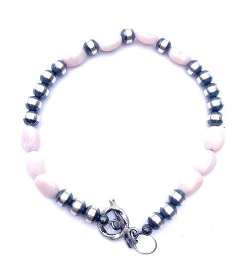 Navajo 5mm Sterling Silver Pearl & Pink Opal Beaded Bracelet