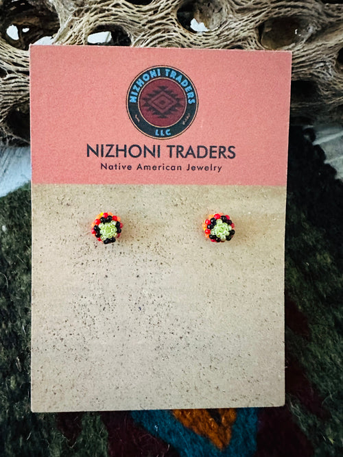 Navajo Handmade Beaded Stud Earrings- yellow