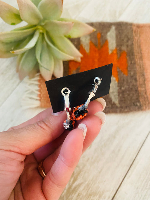 Navajo Handmade Beaded Hoop Earrings-silver/orange