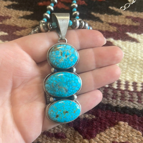 Beautiful Navajo Sterling Silver Beaded Turquoise Necklace With Pendant Signed Kathleen G