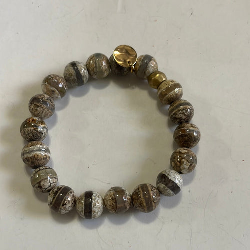 Handmade Beaded Stretch Tibetan Dzi Agate Bracelet Stripe Gray