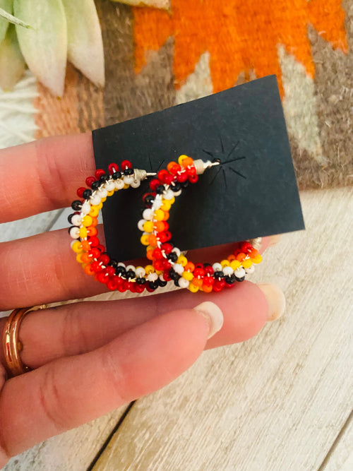 Navajo Handmade Beaded Hoop Earrings- Red/Orange