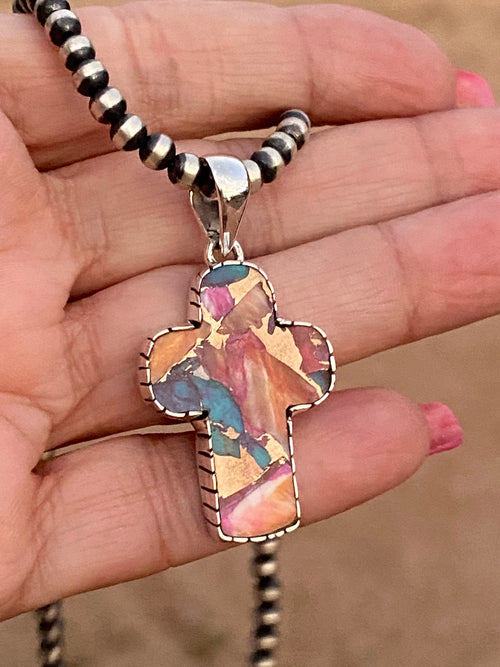 Handmade Sterling Silver & Pink Dream Mojave Cross Pendant