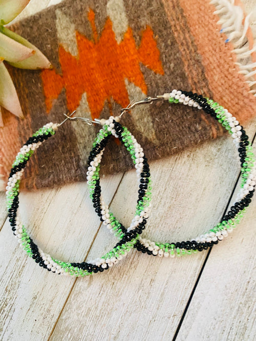 Navajo Handmade Beaded Hoop Earrings- green/black