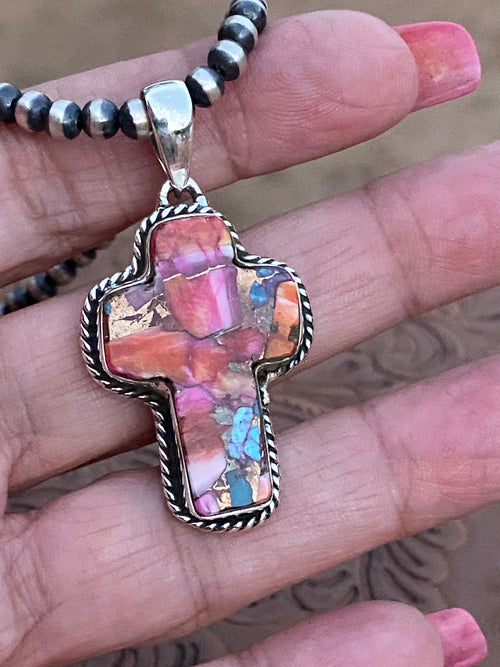 Handmade Sterling Silver & Pink Dream Mojave Cross Pendant