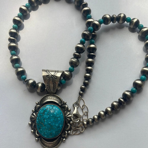 Beautiful Navajo Sterling Silver Turquoise Necklace Signed