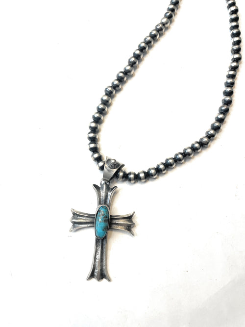 Navajo Kingman Turquoise And Sterling Silver Cross Pendant By Chimney Butte