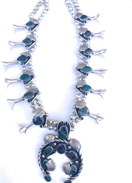 Vintage Navajo Turquoise & Sterling Silver Squash Blossom Necklace