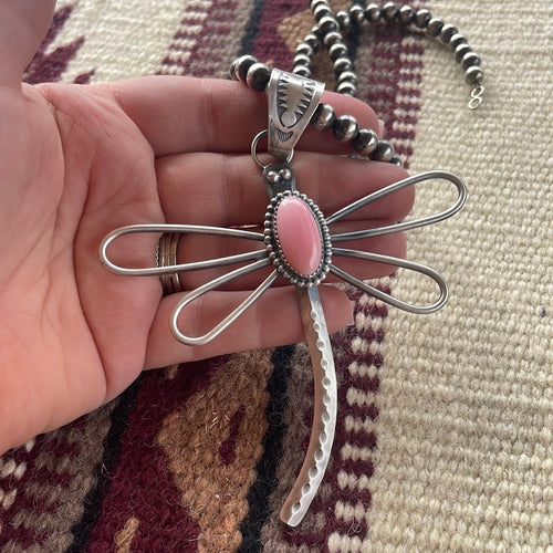 Navajo Pink Conch & Sterling Silver Dragonfly Pendant Signed