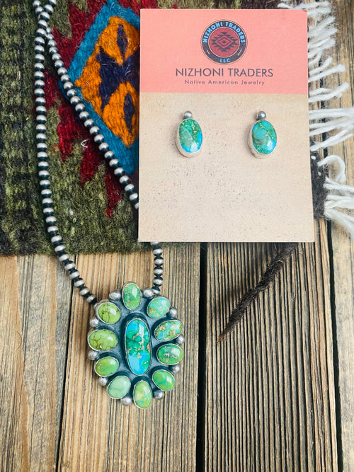 Navajo Sonoran Mountain Turquoise & Sterling Silver Cluster Earrings & Pendant Set