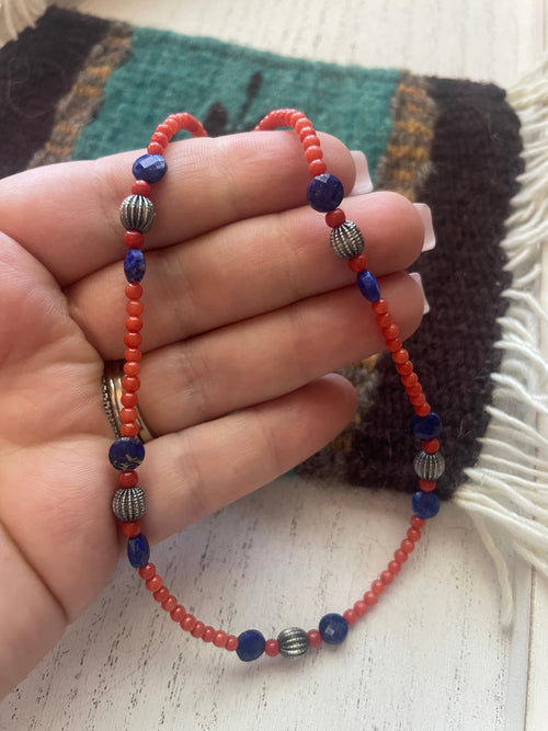 Handmade Beaded Coral, Lapis & Sterling Silver Necklace