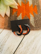 Navajo Handmade Beaded Hoop Earrings-silver/orange