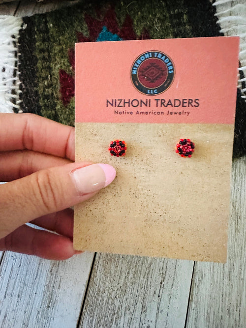 Navajo Handmade Beaded Stud Earrings- red