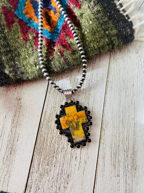 Handmade Sterling Silver, Onyx & Bumblebee Jasper Cross Pendant