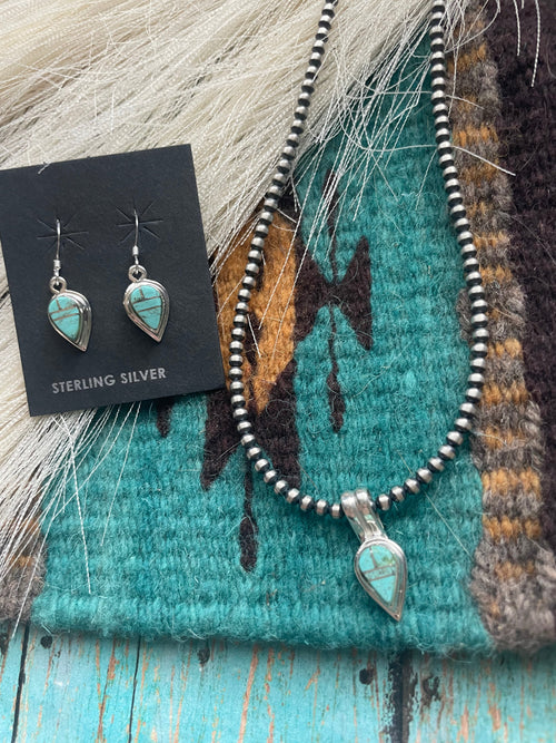 Navajo Number 8 Turquoise And Sterling Silver Inlay Dangle Earrings Pendant Set