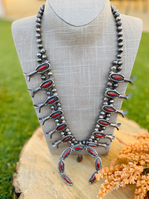 Vintage Navajo Coral & Sterling Silver Squash Blossom Necklace