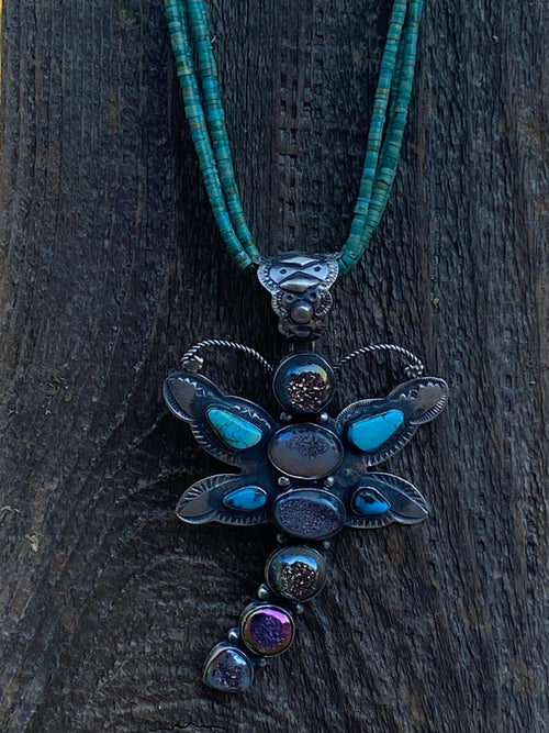 Shawn Cayatenito Sterling Silver Kingman Turquoise & Druzy Dragonfly Pendant