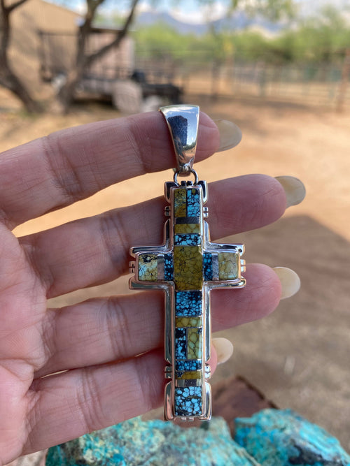 Natural Blue Moon Turquoise & Sterling Silver Navajo  Cross Pendant