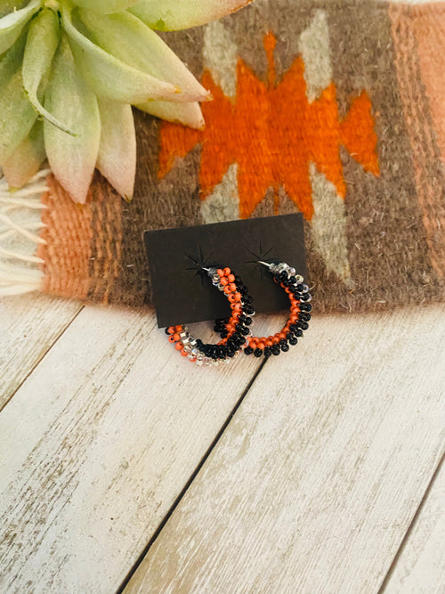 Navajo Handmade Beaded Hoop Earrings-silver/orange