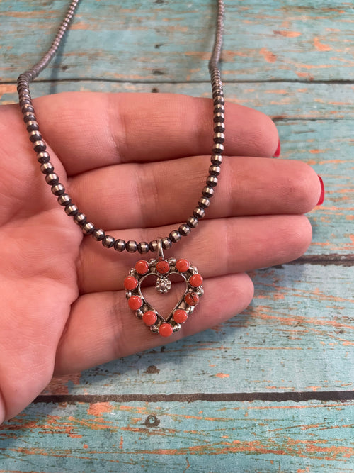 Zuni Sterling Silver & Orange Opal Heart Pendant