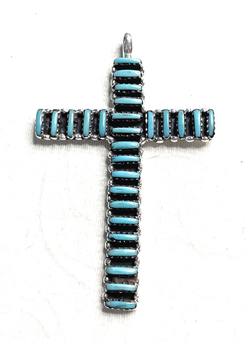 Handmade Needlepoint Turquoise & Sterling Silver Cross Pendant