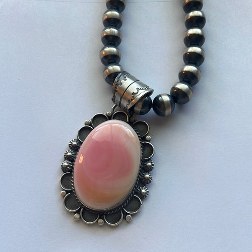 Navajo Queen Pink Conch & Sterling Silver Oval Pendant