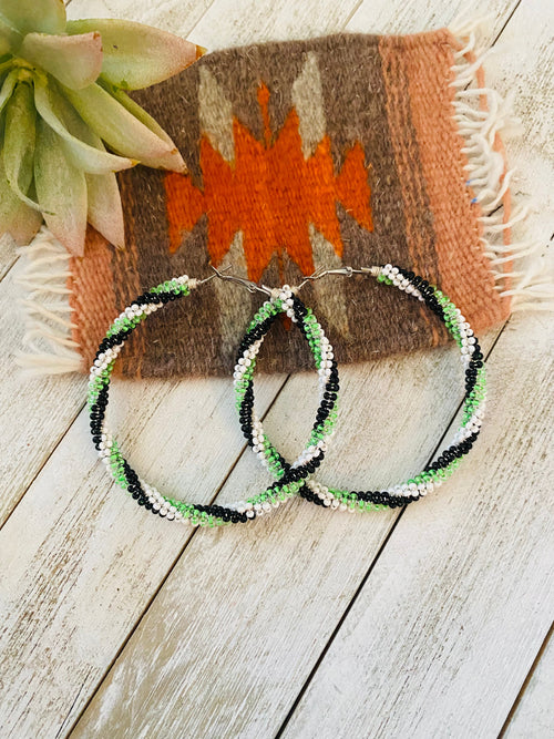 Navajo Handmade Beaded Hoop Earrings- green/black