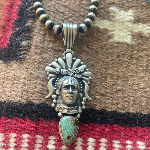 Beautiful Navajo Sterling Silver & Turquoise Chief Pendant Signed Russell Sam