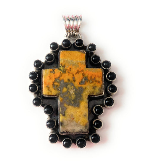 Handmade Sterling Silver, Onyx & Bumblebee Jasper Cross Pendant