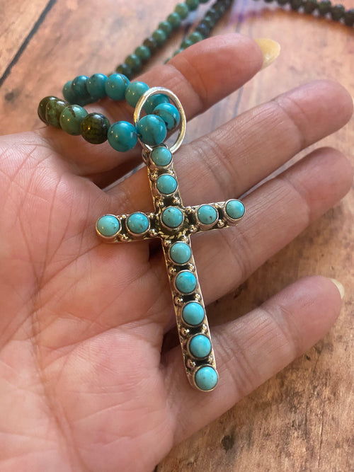 Sterling Silver & Blue Kingman Turquoise 2.5 inch Cross