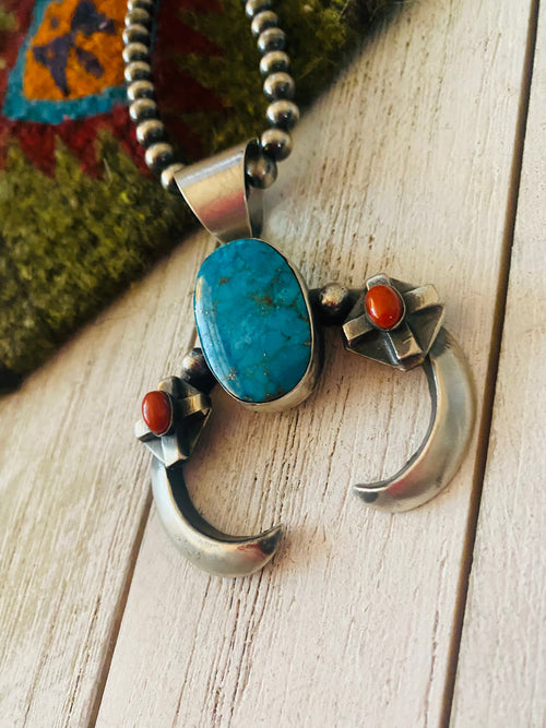 Navajo Sterling Silver, Turquoise & Coral Naja Pendant By Chimney Butte