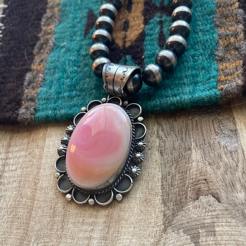 Navajo Queen Pink Conch & Sterling Silver Oval Pendant