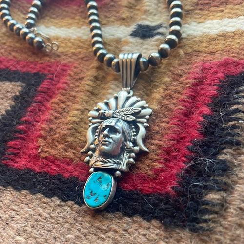 Beautiful Navajo Sterling Silver & Turquoise Chief Pendant Signed Russell Sam