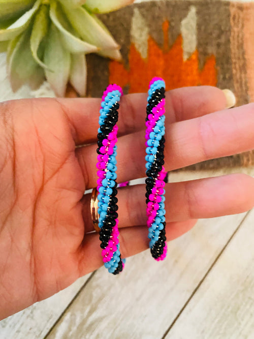 Navajo Handmade Beaded Hoop Earrings- pink/blue