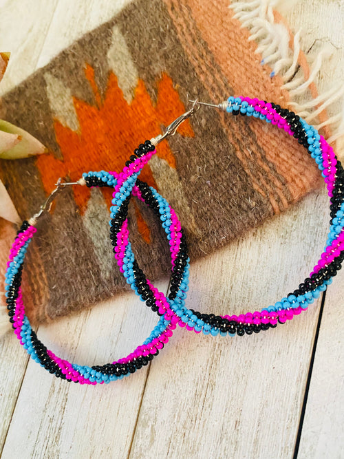 Navajo Handmade Beaded Hoop Earrings- pink/blue