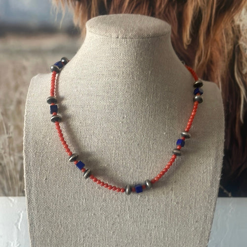 Handmade Beaded Coral, Lapis & Sterling Silver Necklace